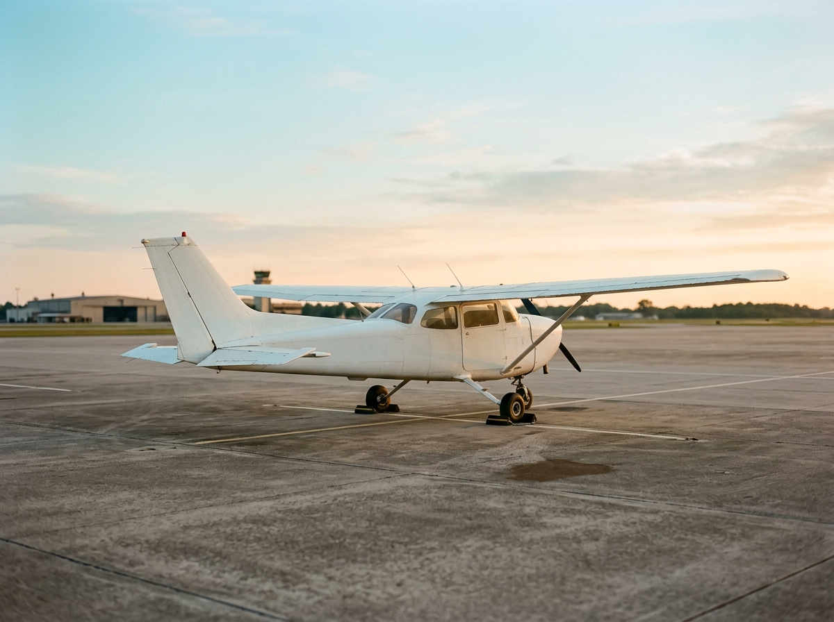 A small training aircraft parked alone on an empty ramp at sunrise